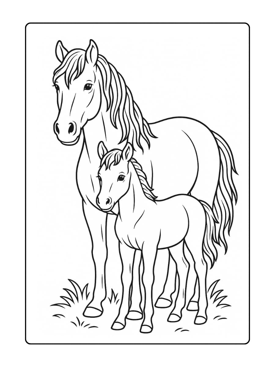 Een paard dat beschermend naast zijn veulen staat, beide met gedetailleerde manen