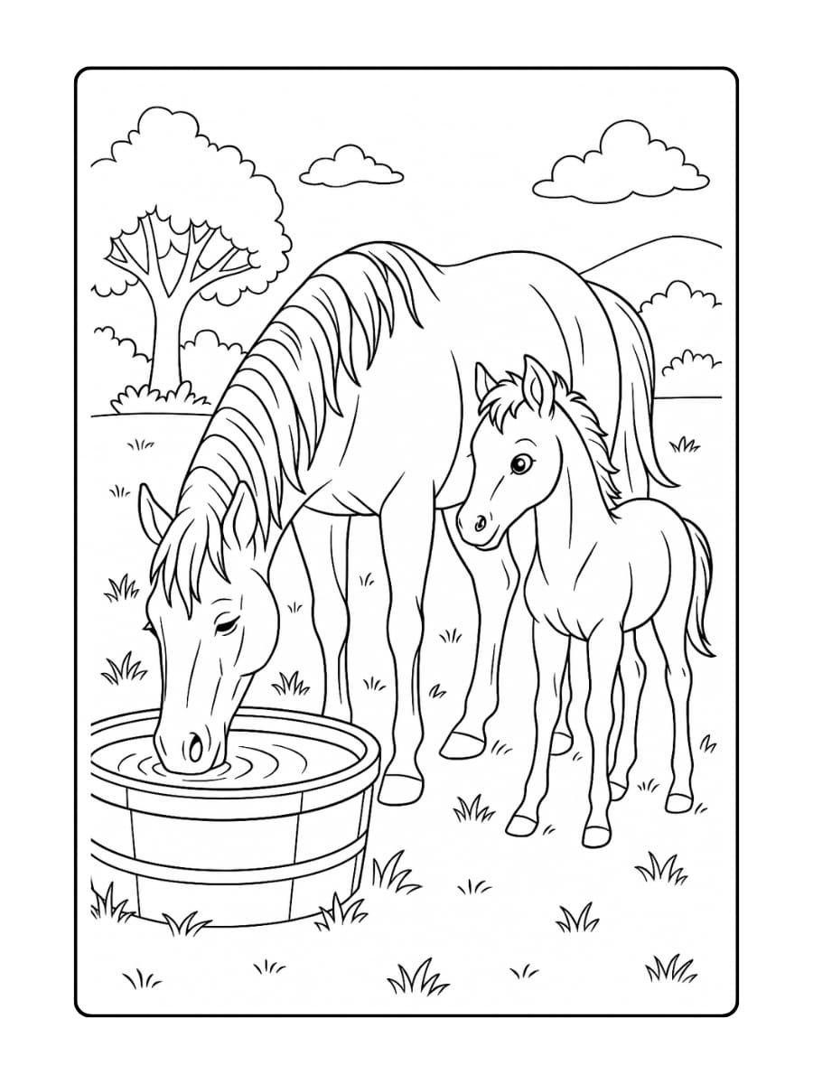 Kleurplaat paard dat drinkt uit een waterbak terwijl het veulen nieuwsgierig meekijkt