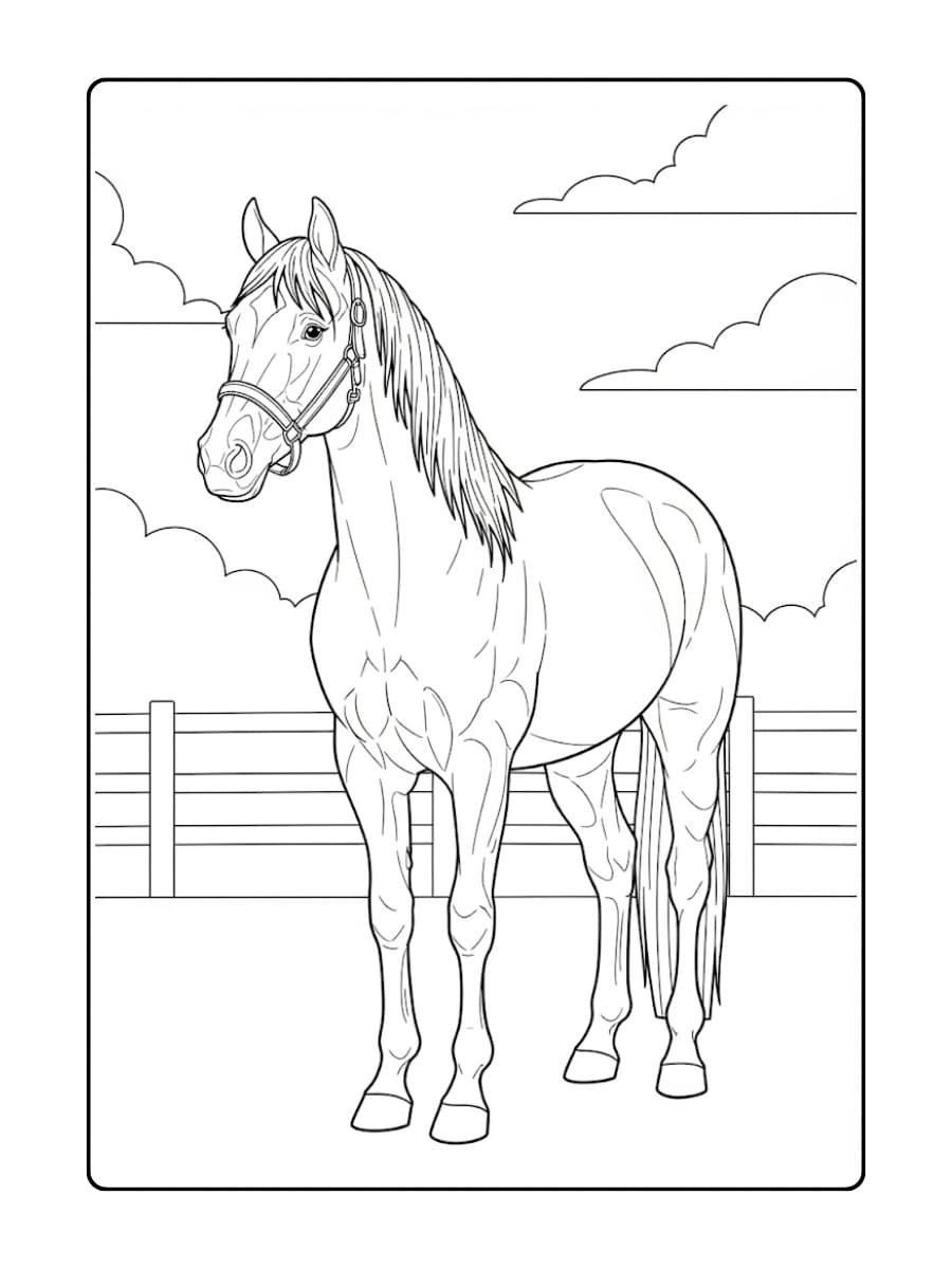 Kleurplaat paard dat rustig voor een hek staat