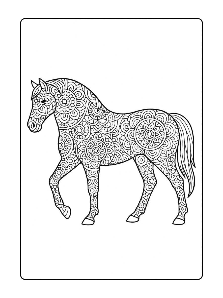 Kleurplaat paard getekend met mandala cirkels die het hele lichaam bedekken, van neus tot staart