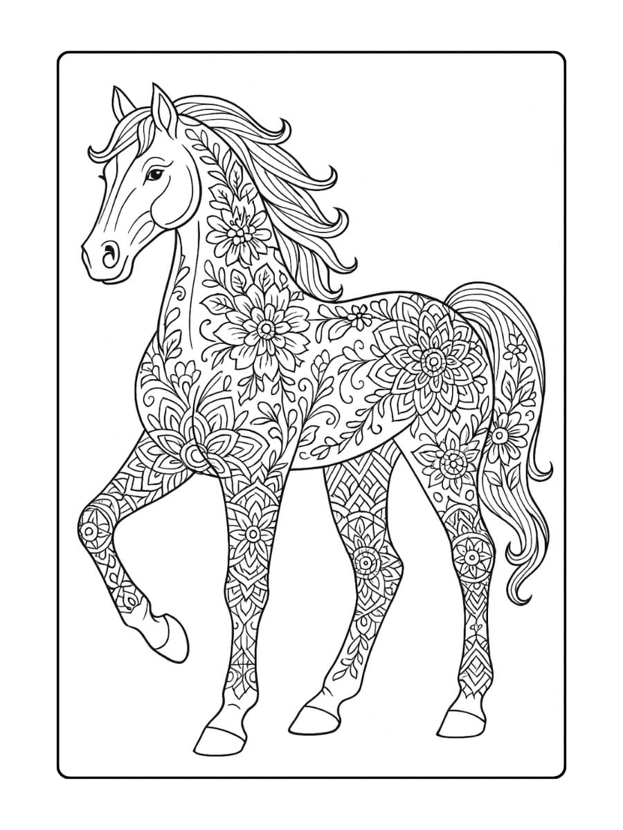 Kleurplaat paard met geometrische mandala vormen in de benen, gecombineerd met bloemige patronen