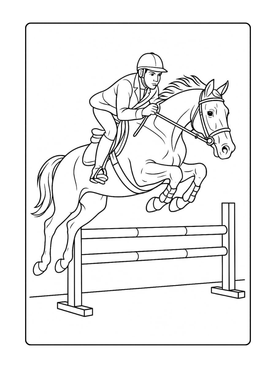 Kleurplaat paard met ruiter die een sprong maakt over een hindernis, met gespannen spieren en geconcentreerde blik