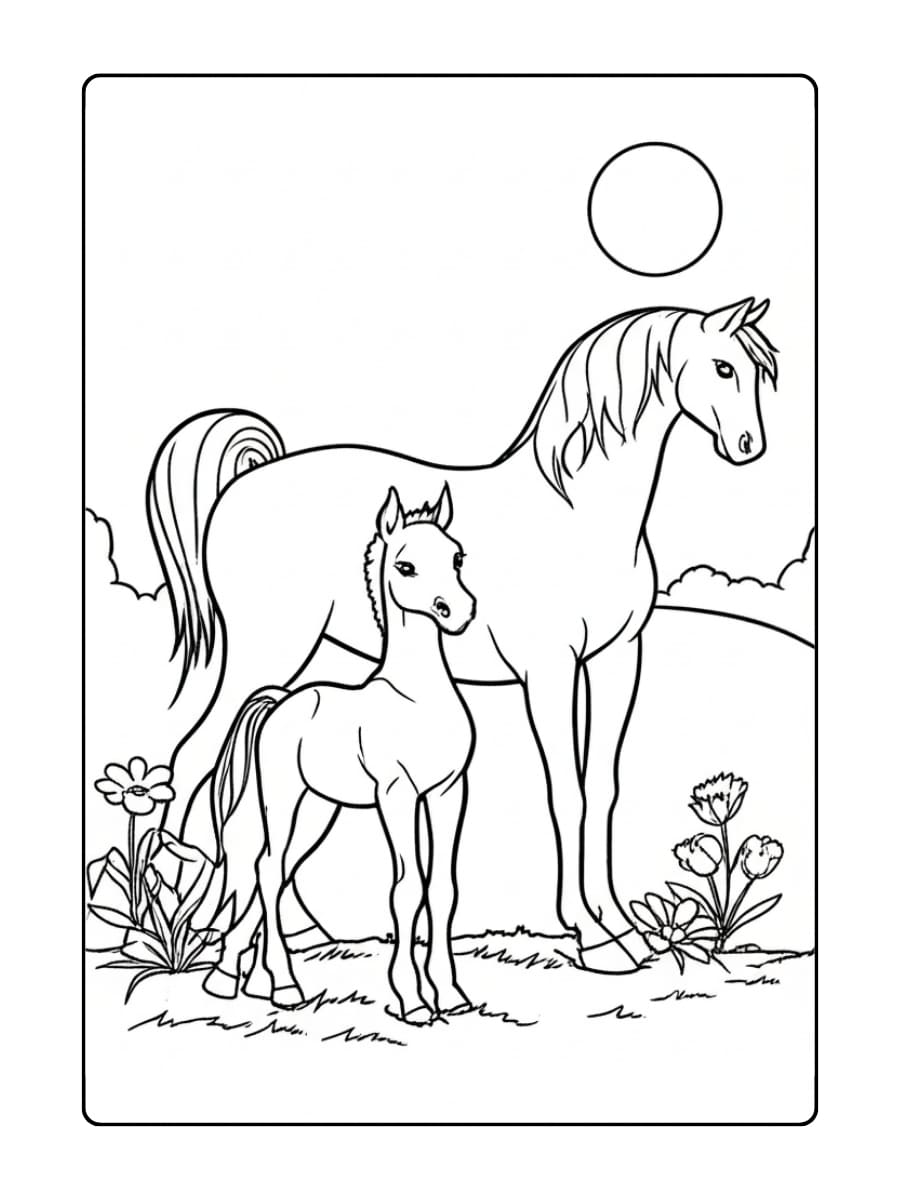 Kleurplaat paard met zijn veulen staat in een bloemenveld, met de zon aan de hemel