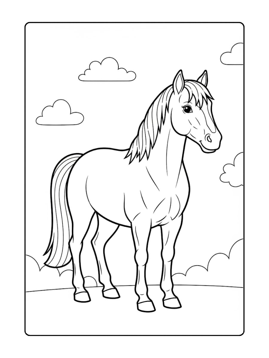 Kleurplaat paard staat rustig in een landschap met wolken