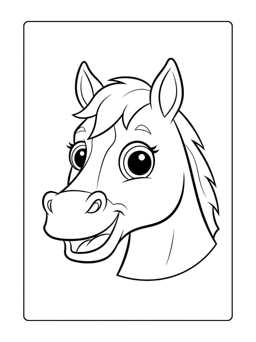 Kleurplaat paardenhoofd in cartoonstijl met overdreven grote ogen en een vriendelijke glimlach