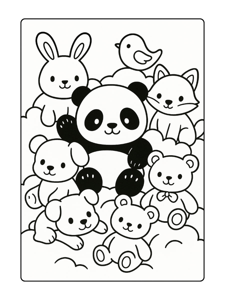 Schattige dieren kleurplaat - Een panda die zich verstopt in een berg pluche knuffels