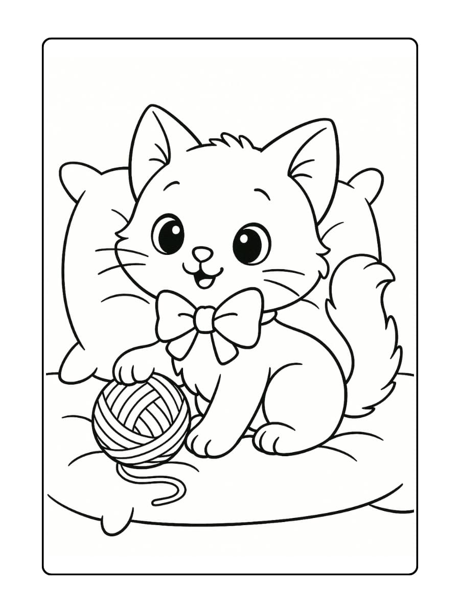 Schattige dieren kleurplaat - Een pluizige kitten met een groot strikje, spelend met een bolletje wol tussen zachte kussens