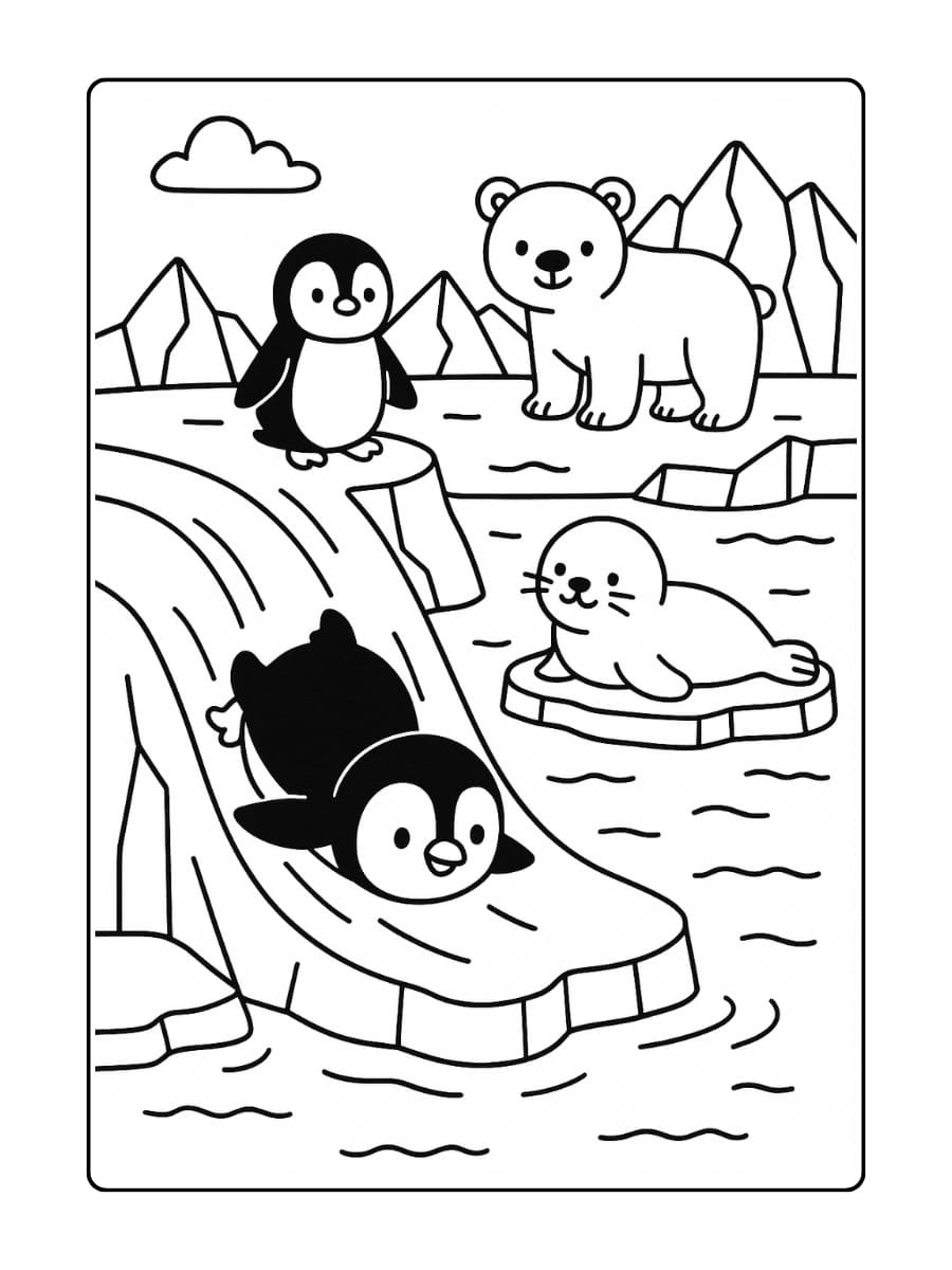 Kleurplaat dierentuin - Een poolgebied met pinguïns die van een ijshelling glijden, zeehonden die zonnen en een ijsbeer in de verte (2)