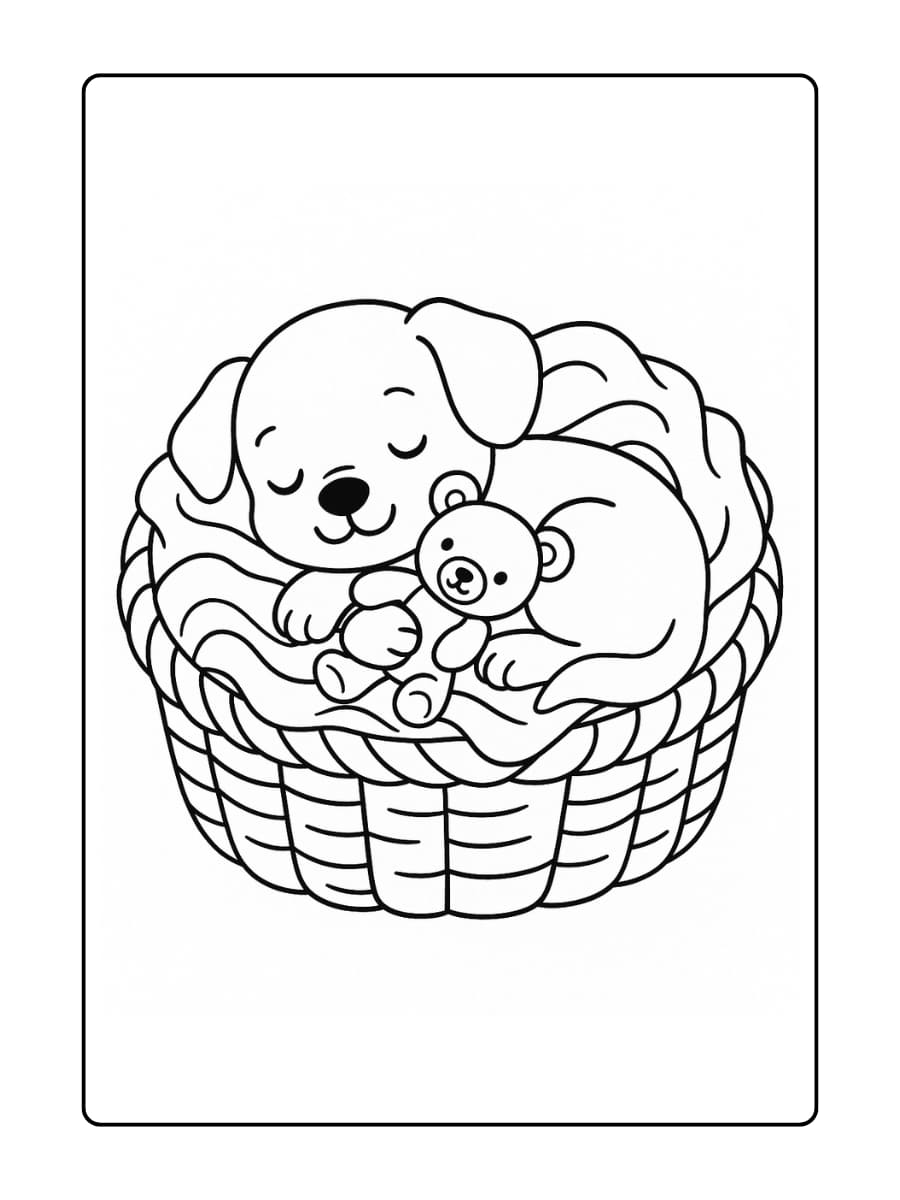 Schattige dieren kleurplaat - Een puppy die in een mand vol zachte dekentjes ligt te slapen met een knuffel