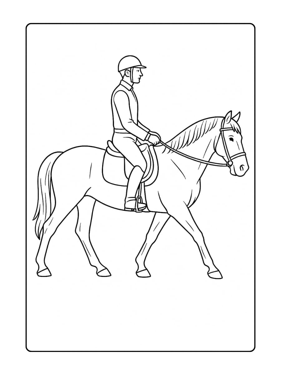 Kleurplaat rustig paard met ruiter die stapt, met een ontspannen teugel en rechte rug van de ruiter