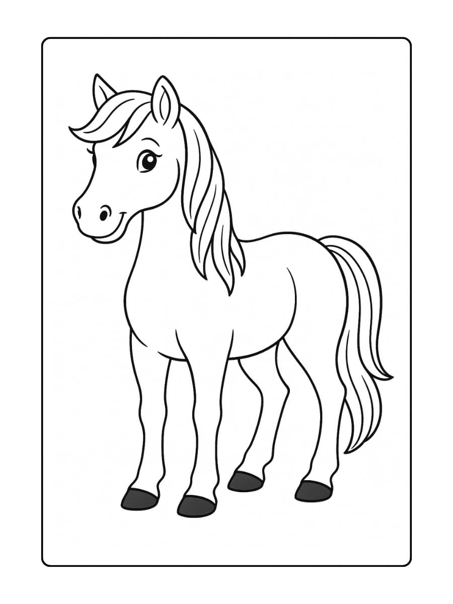 Kleurplaat schattig paard staat rechtop met een vriendelijke blik en een golvende manen