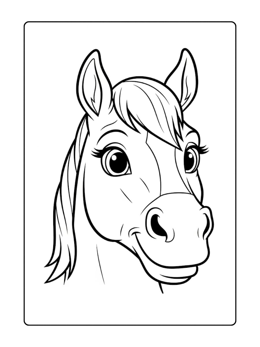 Kleurplaat schattig paardenhoofd met grote ogen en een vriendelijke uitdrukking kijkt recht vooruit