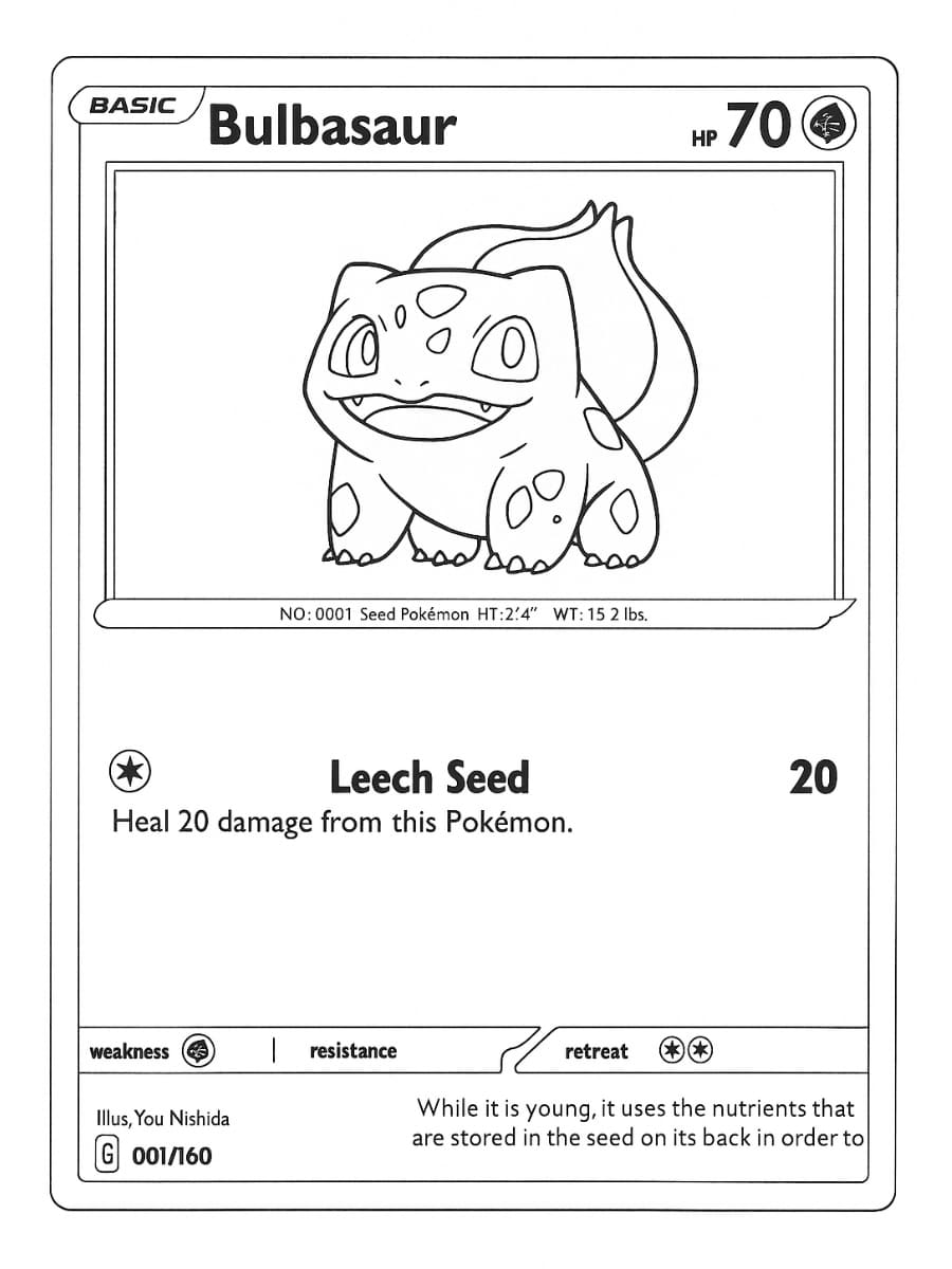 Kleurplaat Bulbasaur Pokémon kaart met 70 HP en de aanval Leech Seed die 20 schade herstelt
