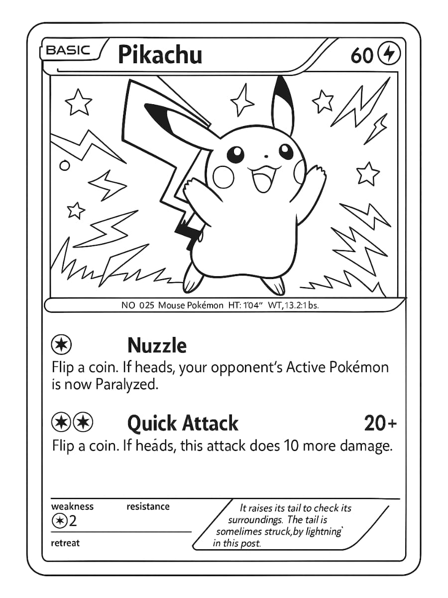 Kleurplaat Pikachu Pokémon kaarten met vrolijke uitstraling en bliksemeffecten op de achtergrond