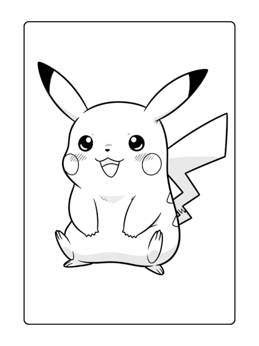 Kleurplaat Een schattige Pikachu zit met blozende wangetjes