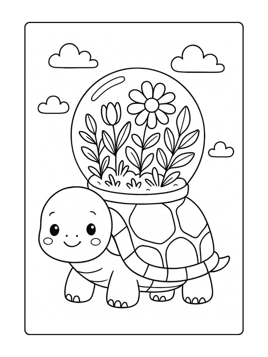 Schattige dieren kleurplaat - Een schildpad met een glazen bol op zijn rug waar een mini tuin in groeit