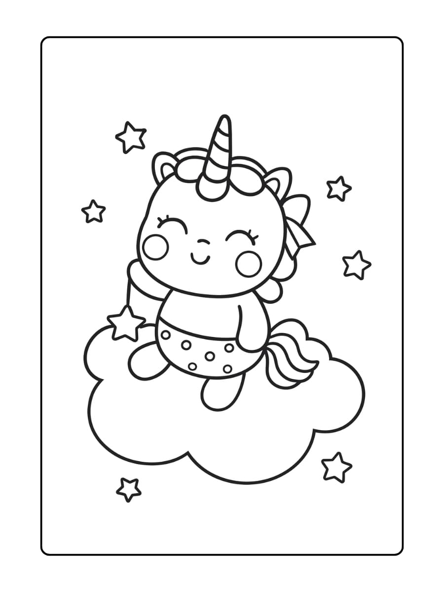 Een slapende baby unicorn op een wolk met sterretjes