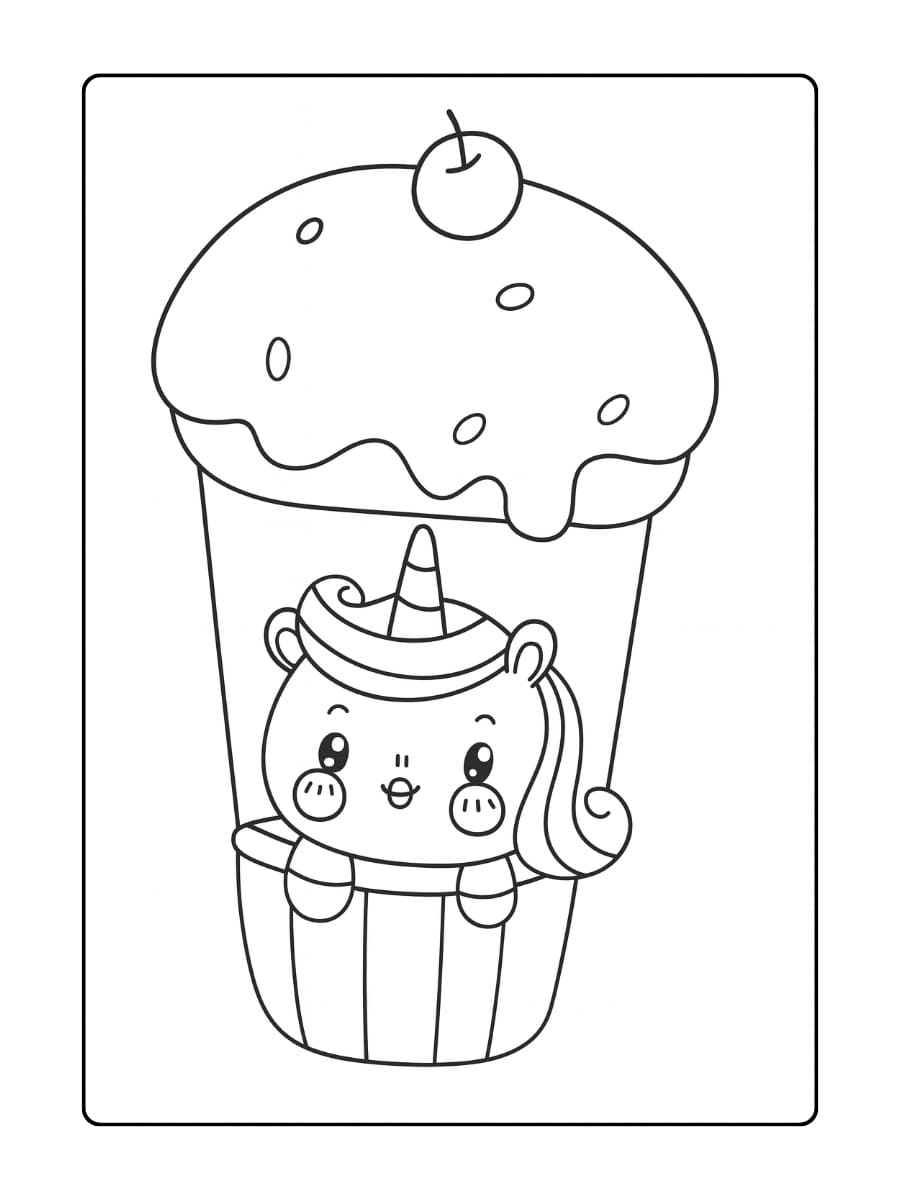 Een unicorn cupcake die in een theekop zit
