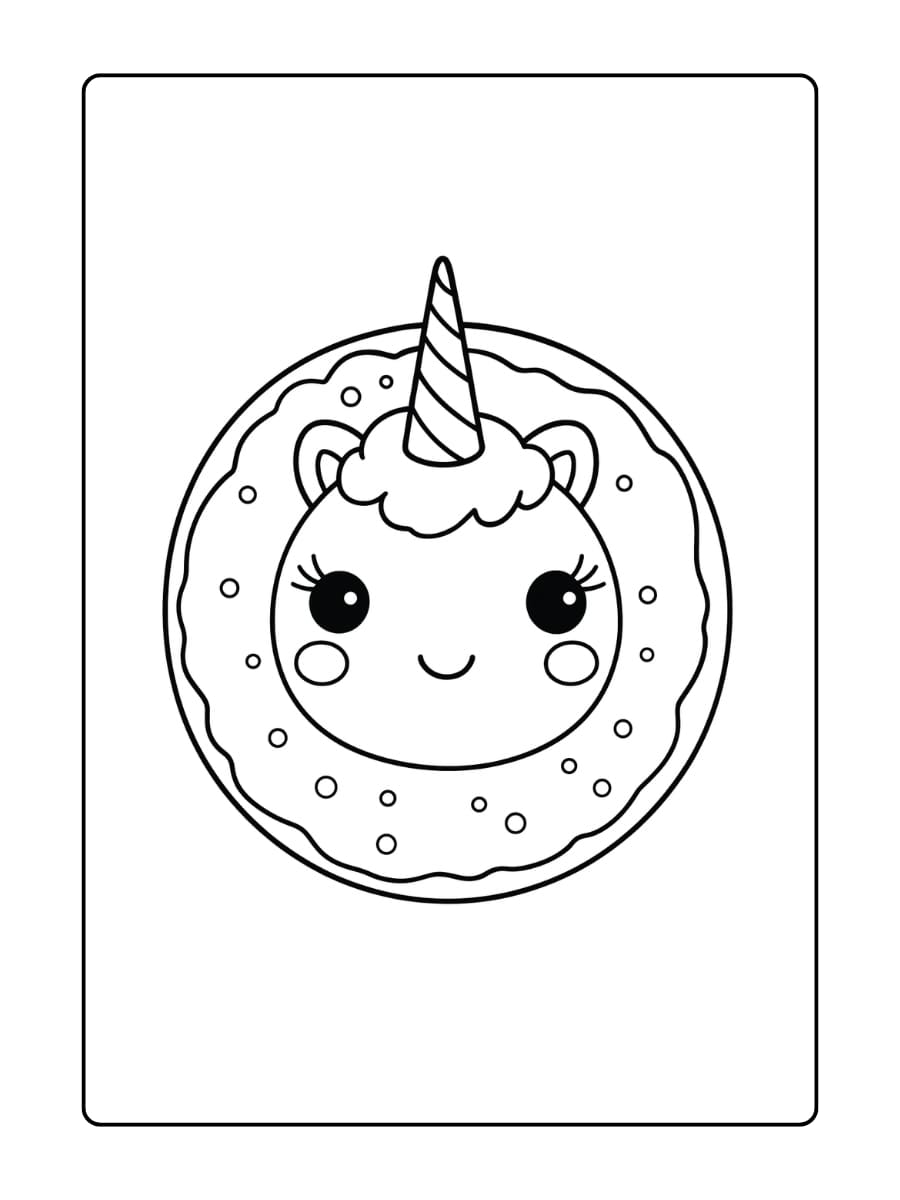 Een unicorn die een donut eet met een grote glimlach