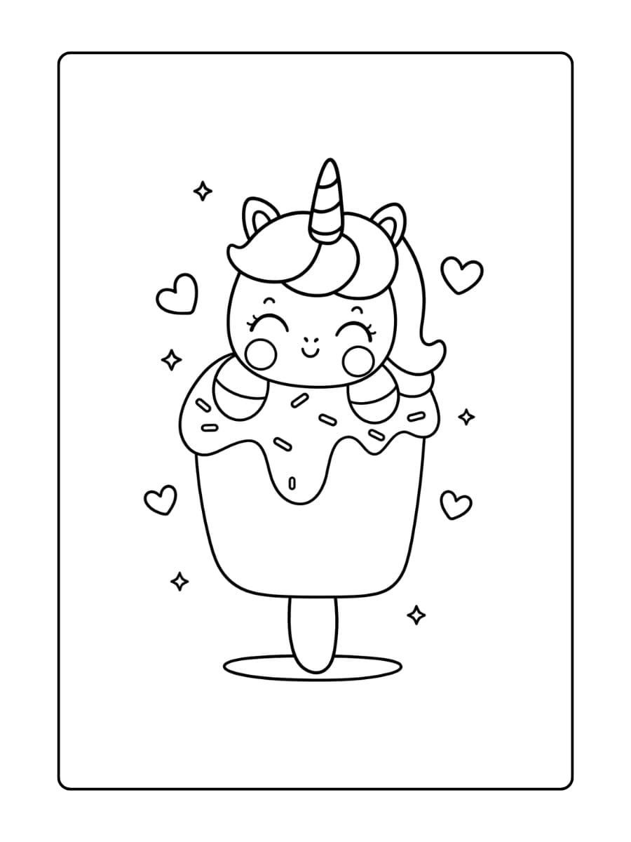 Een unicorn die een groot hoorntje ijs eet met regenboogbolletjes