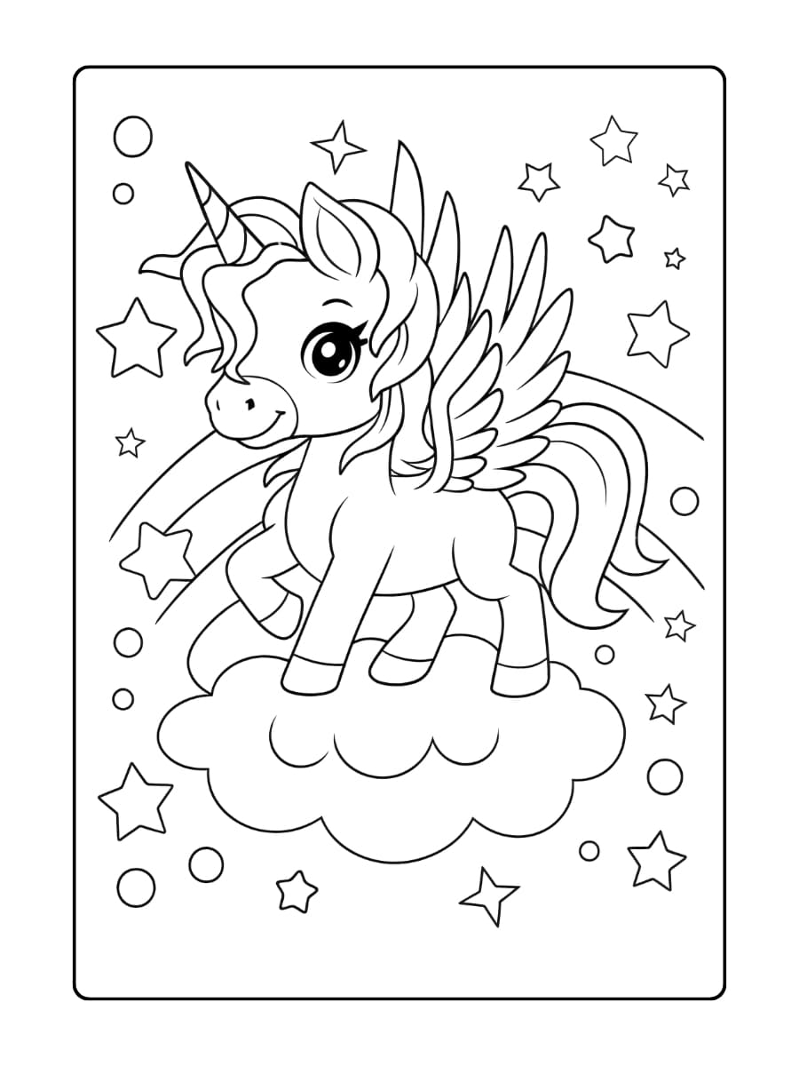 Een unicorn die een regenboog schildert met een grote kwast Een unicorn die een regenboog schildert met een grote kwast
