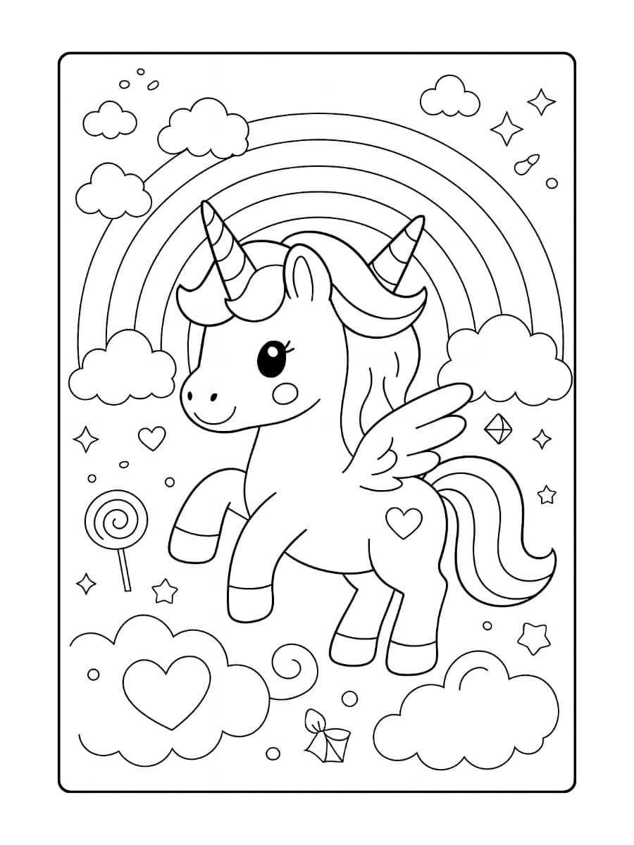Een unicorn die hartjes en sterren tovert boven een regenboog Een unicorn die hartjes en sterren tovert boven een regenboog