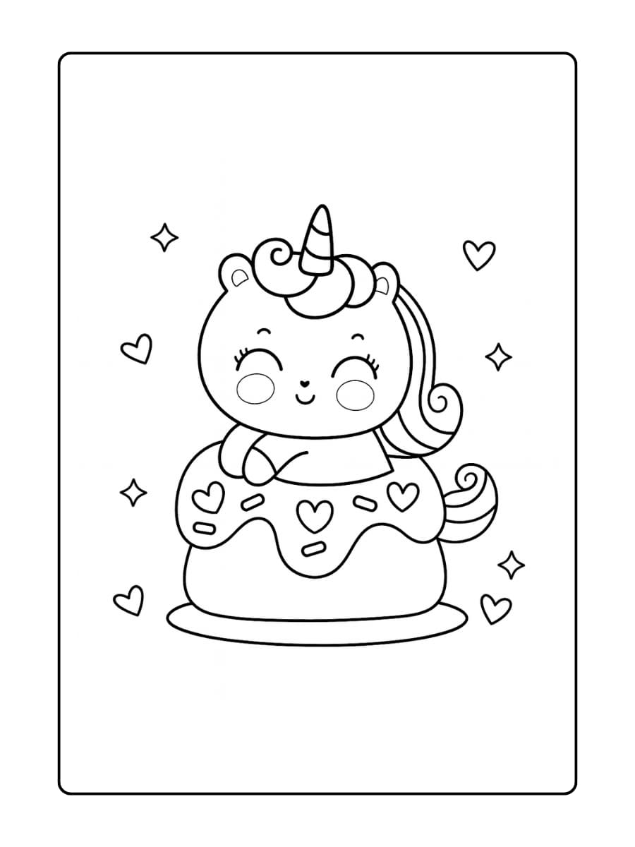 Een unicorn die in een doos vol donuts springt