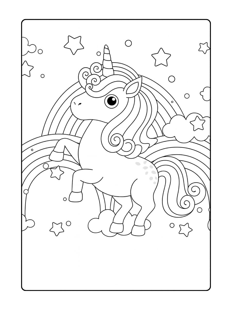Een unicorn die in een luchtballon zit boven een regenboog Een unicorn die in een luchtballon zit boven een regenboog