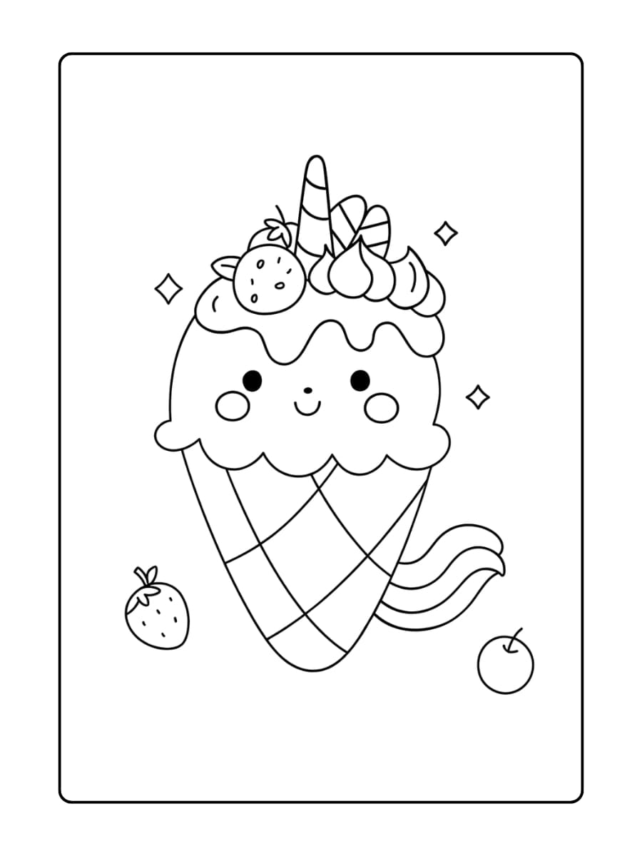 Een unicorn die in een reusachtig ijsje zit als bedje