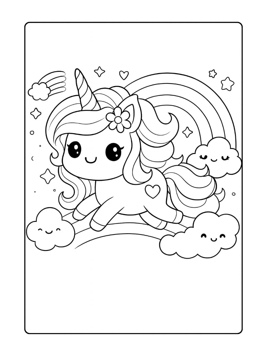 Een unicorn die jarig is met een regenboogtaart Een unicorn die jarig is met een regenboogtaart