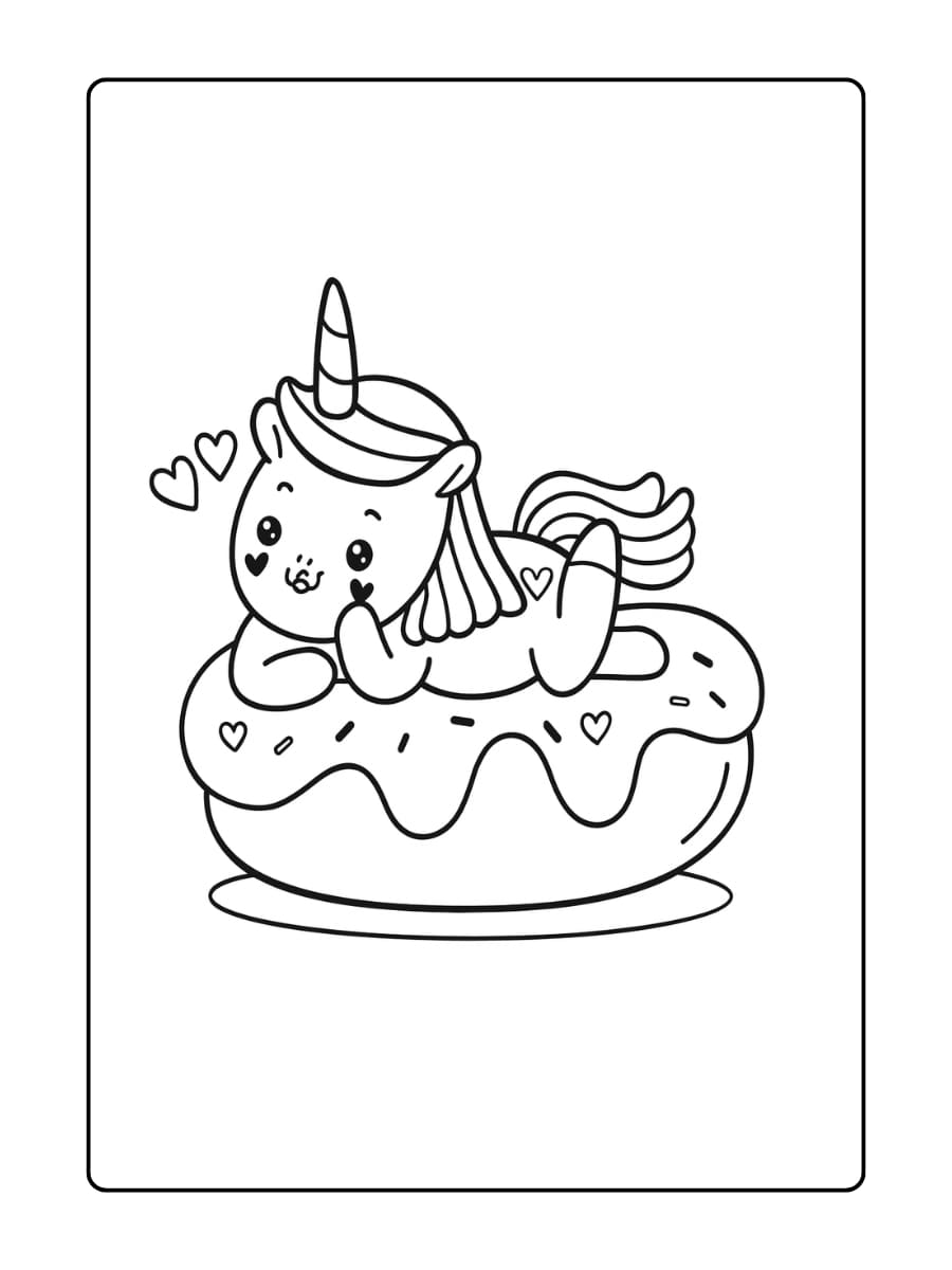 Een unicorn die op een reuzendonuts zit met glazuur en sprinkles