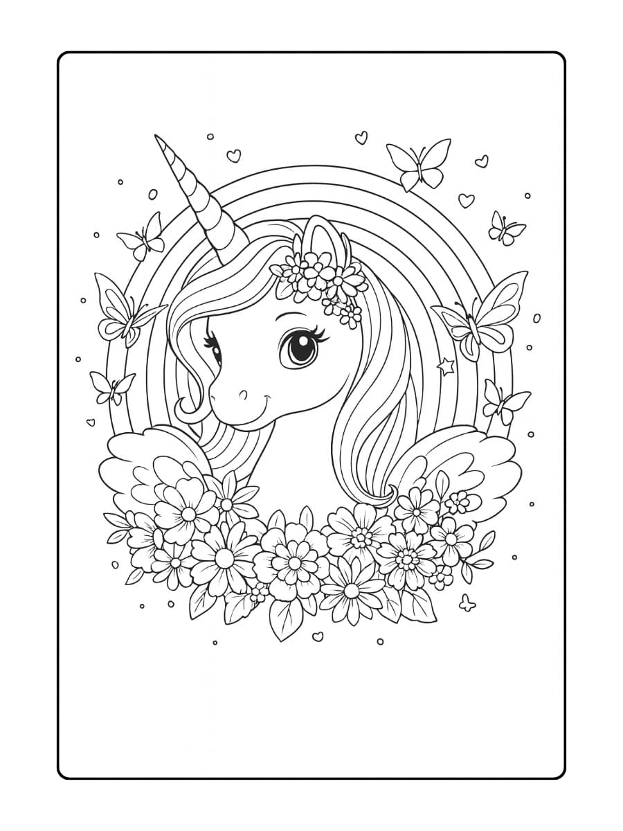 Een unicorn die speelt met vlinders in regenboogkleuren