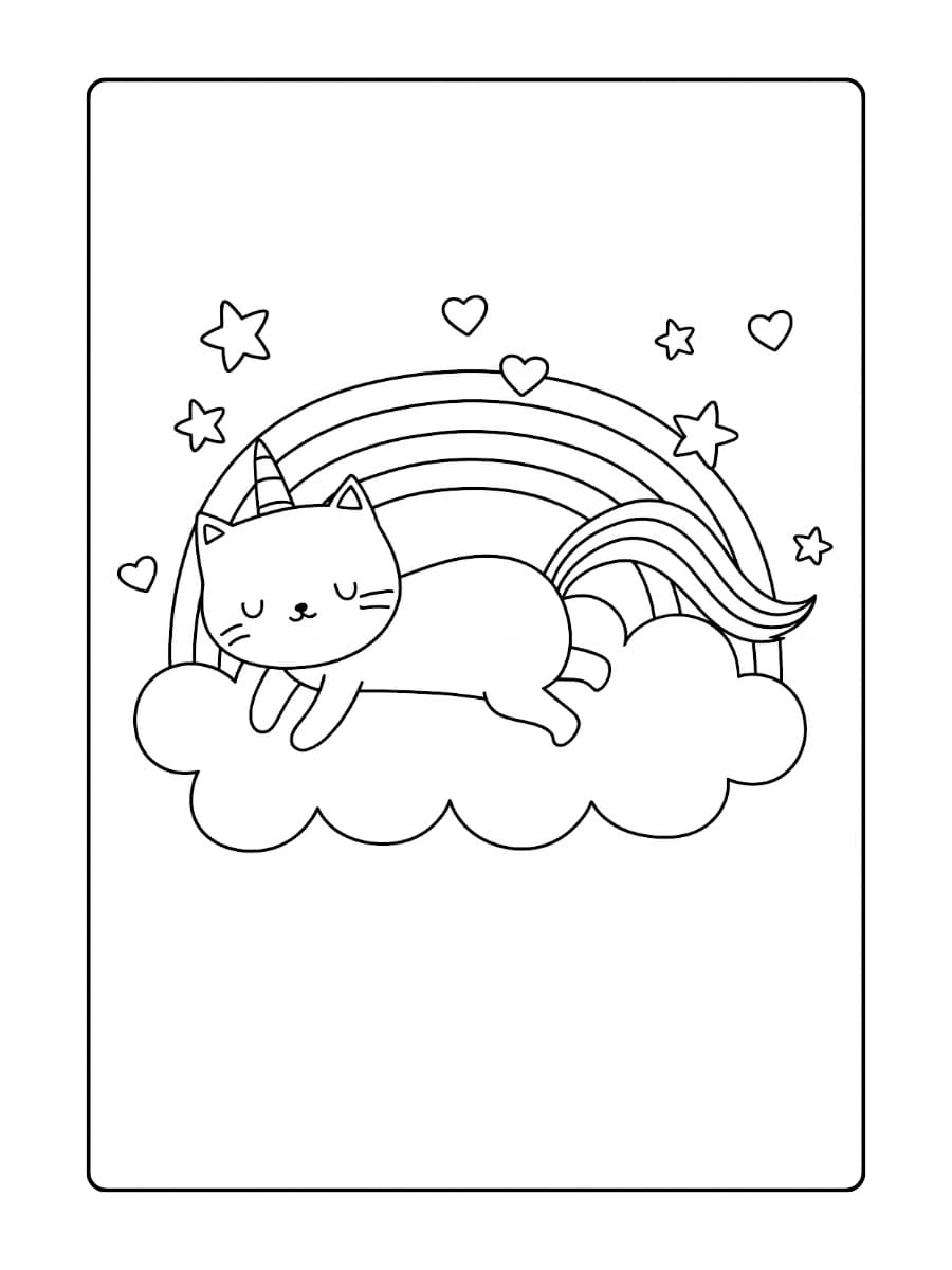 Een unicorn kat die een regenboog maakt met haar magische hoorn