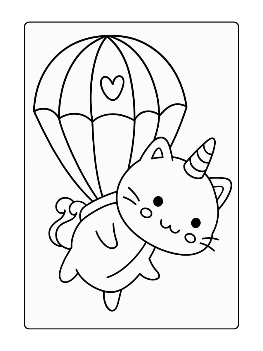 Een unicorn kat die een vis vangt uit een magisch vijvertje