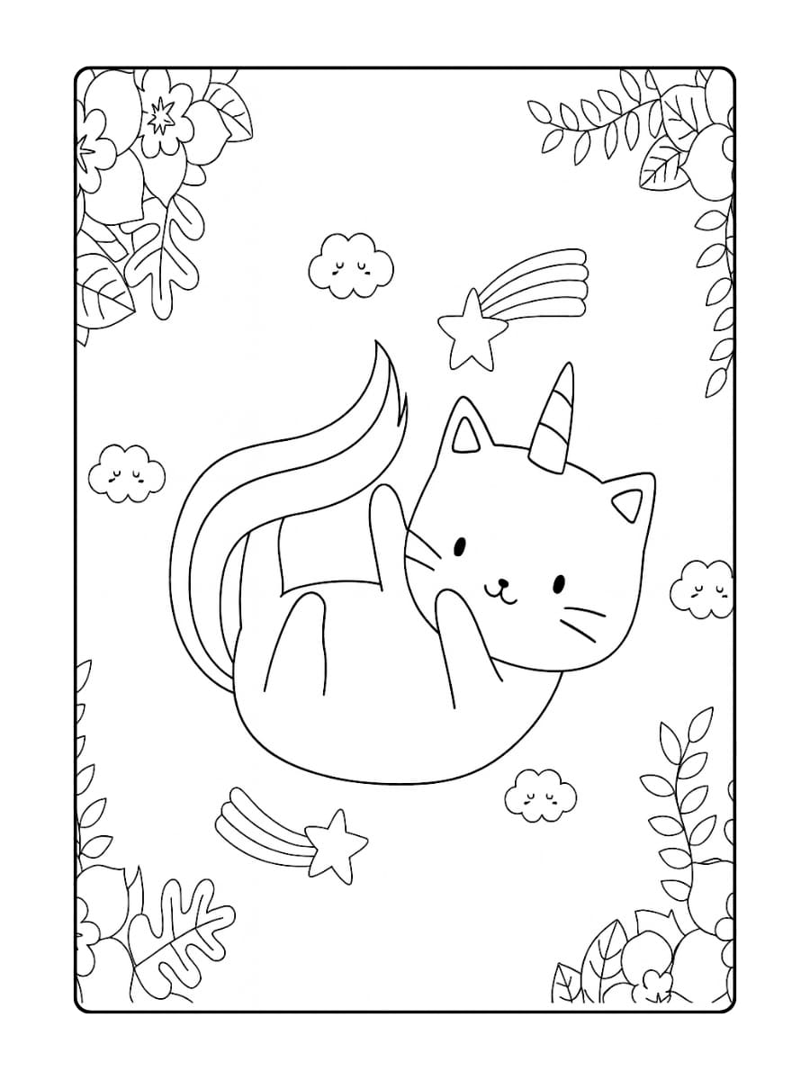 Een unicorn kat die in een bloemenveld ligt met vlinders rondom