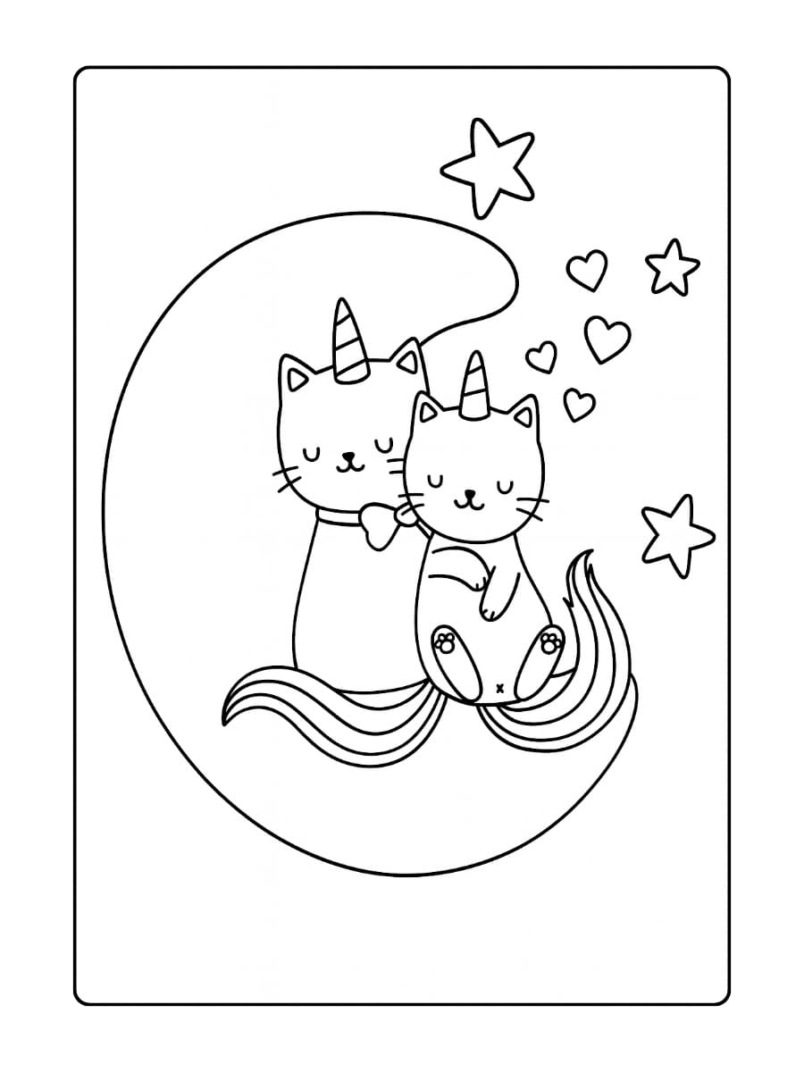 Een unicorn kat die op een maan zit met sterretjes in haar ogen