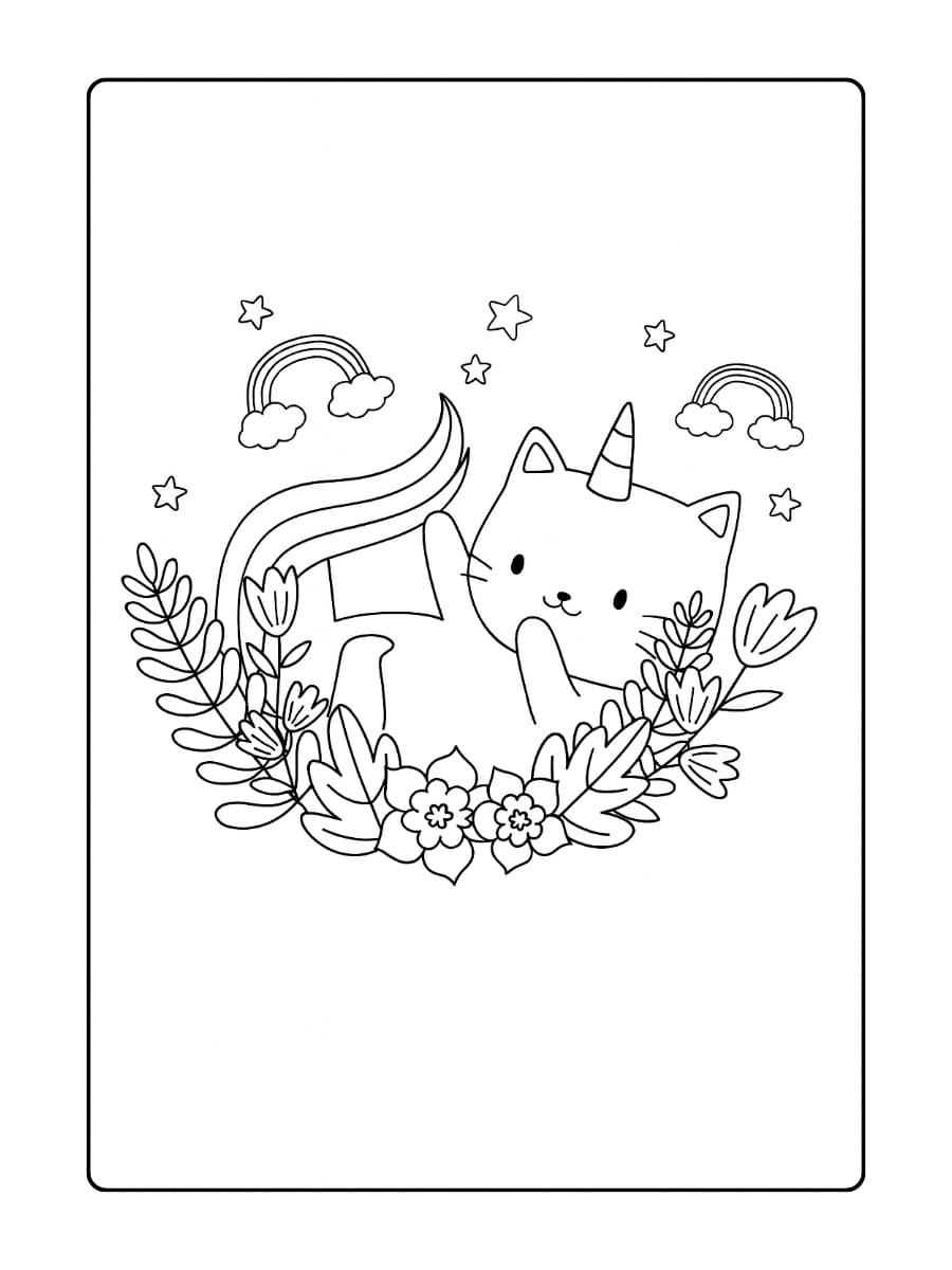 Een unicorn kat die op een wolk slaapt met sterretjes eromheen