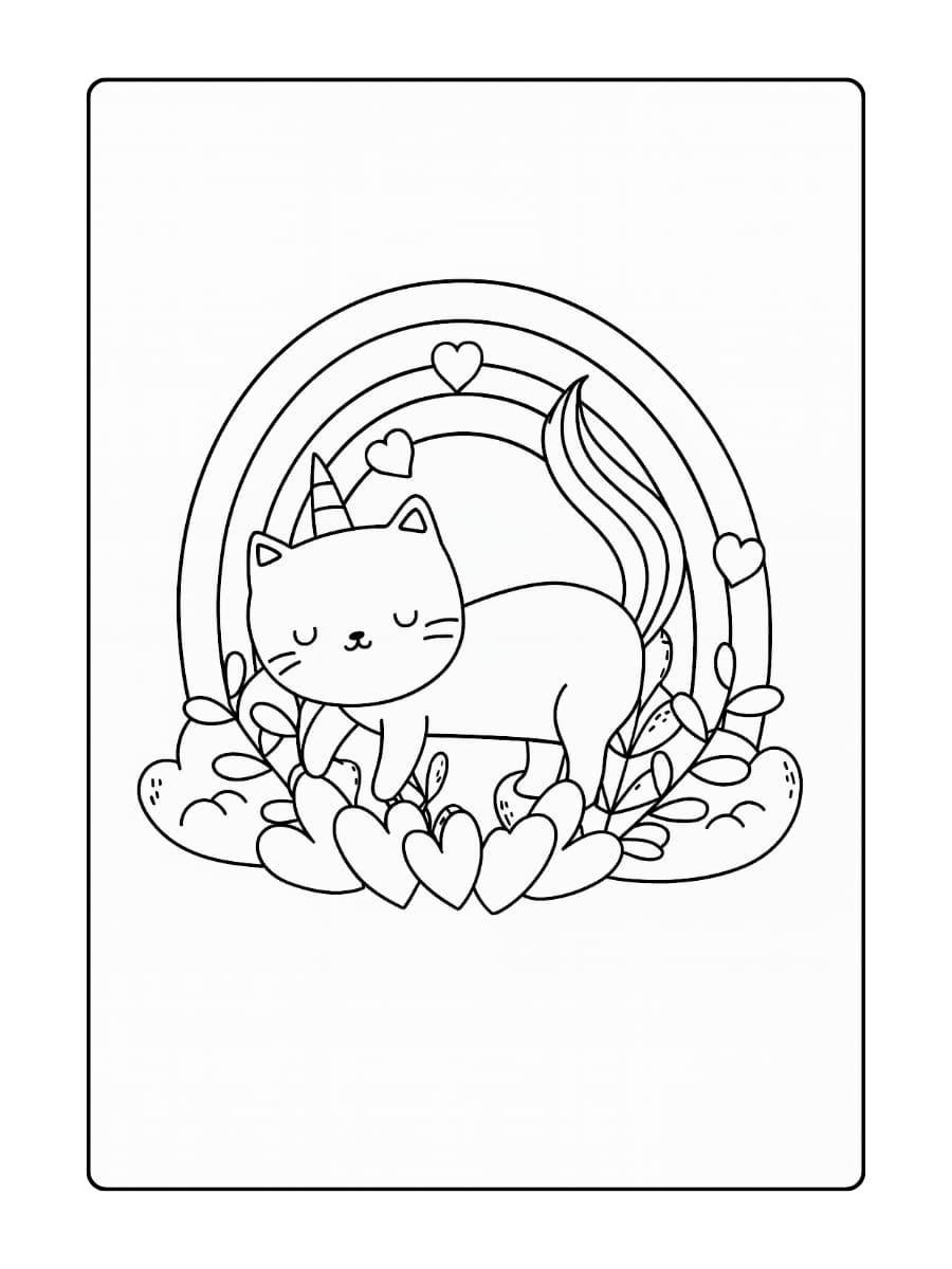 Een unicorn kat die speelt met een bolletje wol in de vorm van een hart