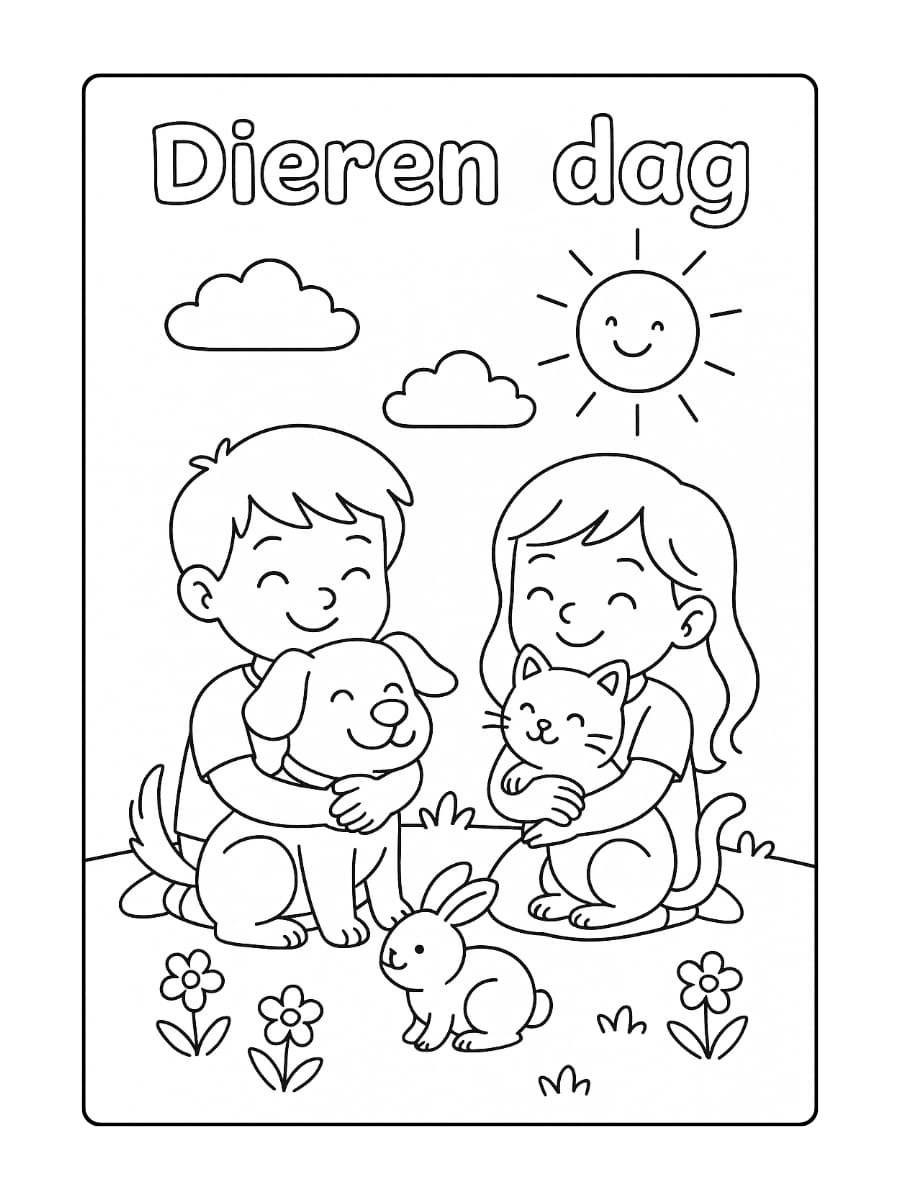 Een vrolijke Dierendag kleurplaat waarop kinderen hun huisdieren knuffelen in een zonnige tuin