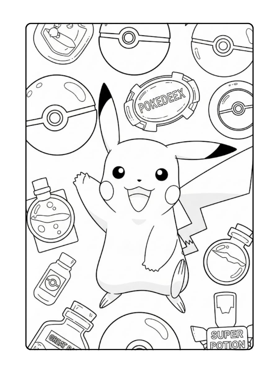 Kleurplaat Een vrolijke Pikachu is omringd door verschillende Pokémon voorwerpen