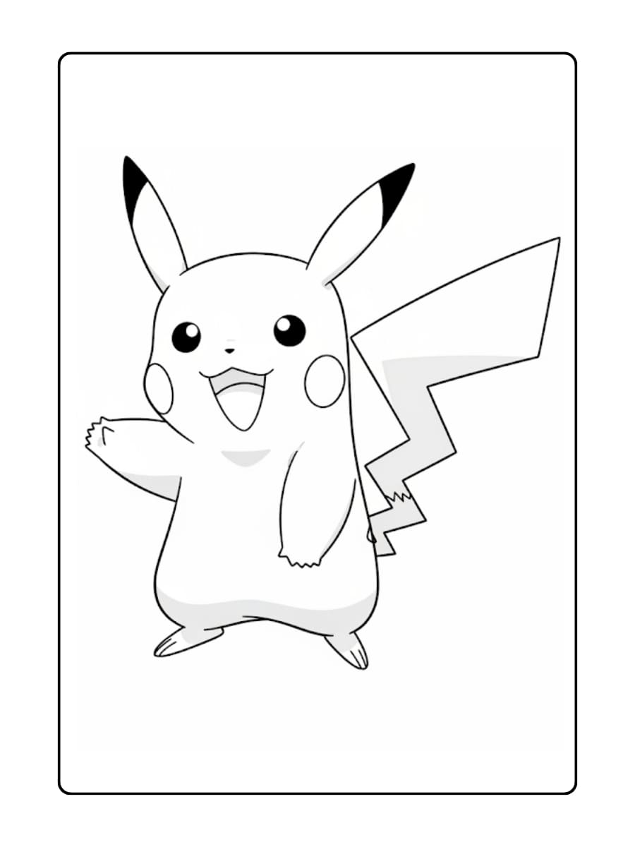 Kleurplaat Een vrolijke Pikachu staat en zwaait