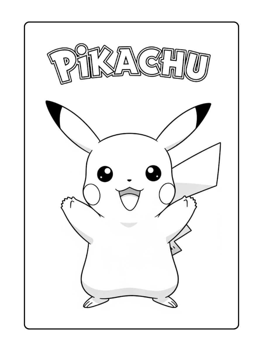 Kleurplaat Een vrolijke Pikachu staat onder het Pikachu logo