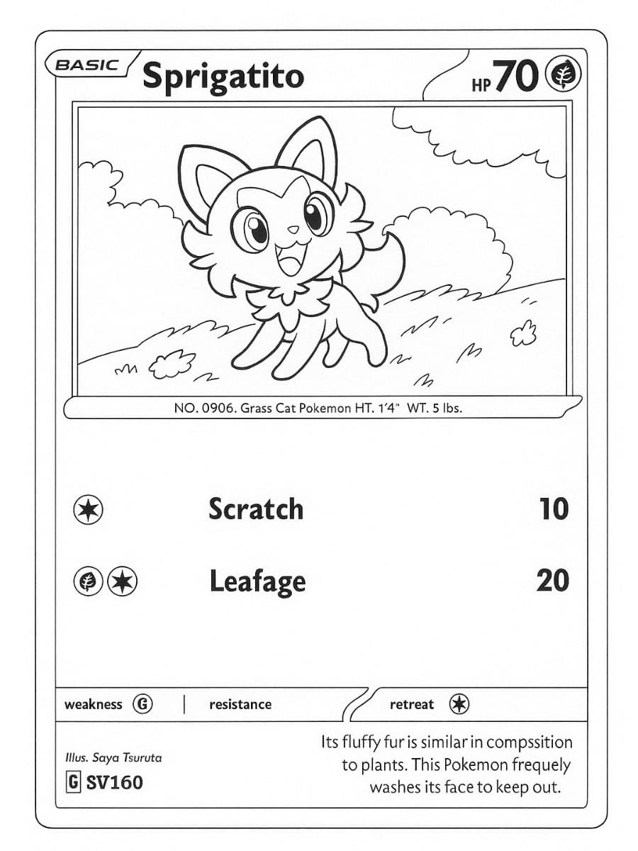 Kleurplaat Sprigatito Pokémon kaart met 70 HP en de aanvallen Scratch en Leafage