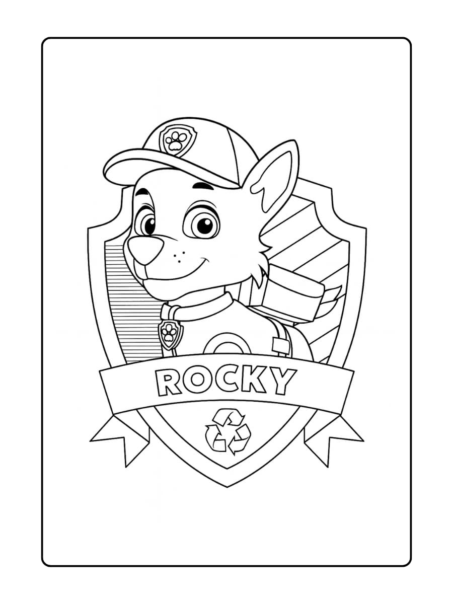 Een vrolijke kleurplaat van Rocky die trots zijn gereedschapsriem draagt en een sleutel of schroevendraaier vasthoudt