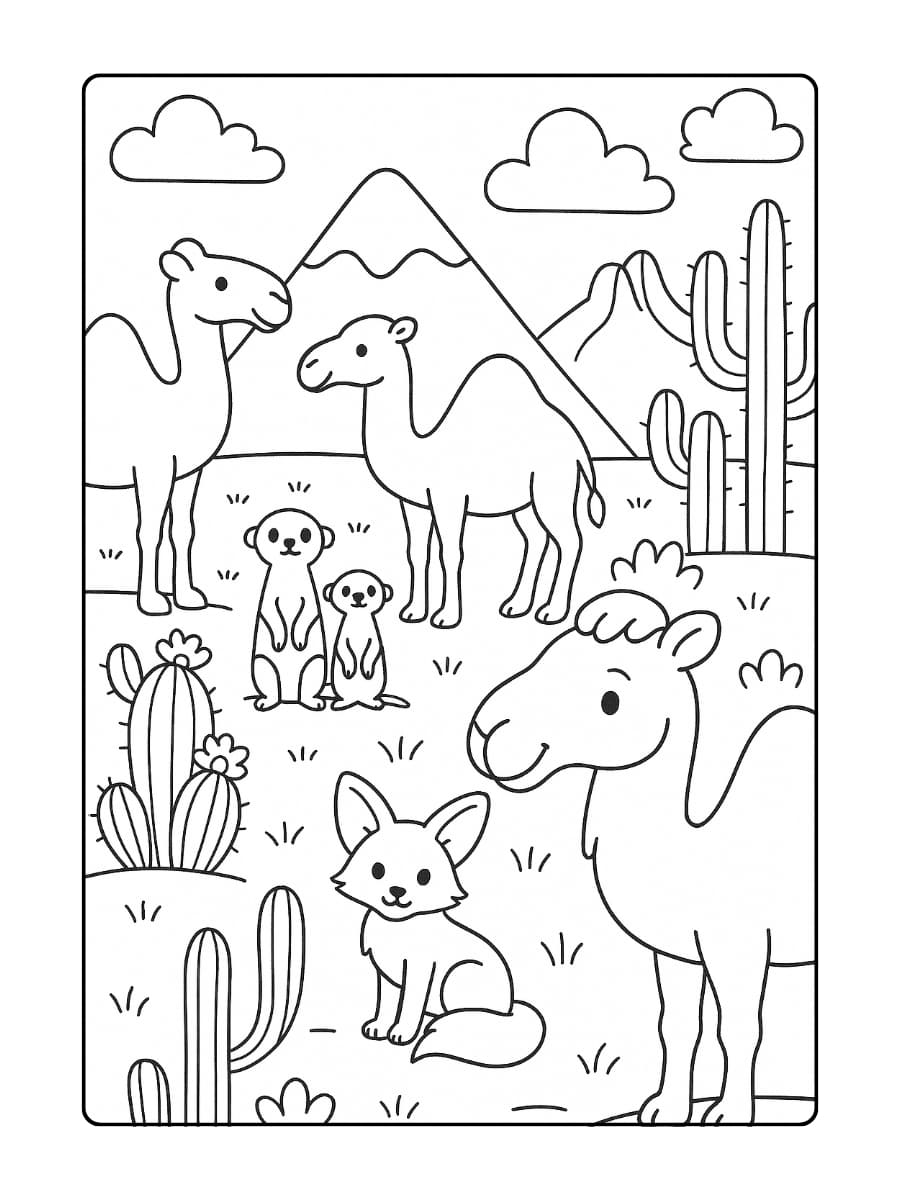 Kleurplaat dierentuin - Een woestijndiorama met kamelen, stokstaartjes, woestijnvossen en kleurrijke cactussen