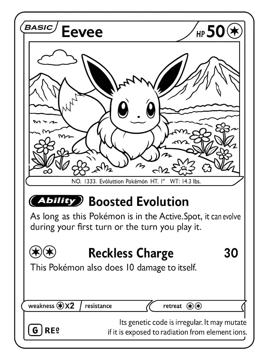 Kleurplaat Pokémon kaart met bloemenvelden en bergen op de achtergrond