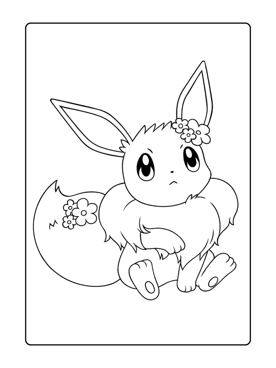 Eevee draagt bloemen op haar hoofd en staart, wat haar een schattige en feestelijke uitstraling geeft