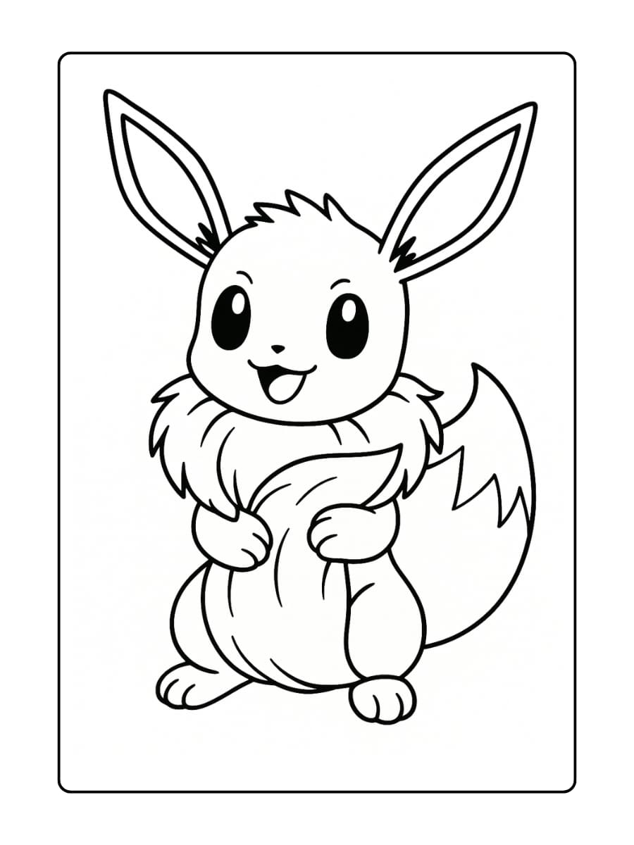 Eevee houdt zijn staart vast met beide pootjes en glimlacht ondeugend