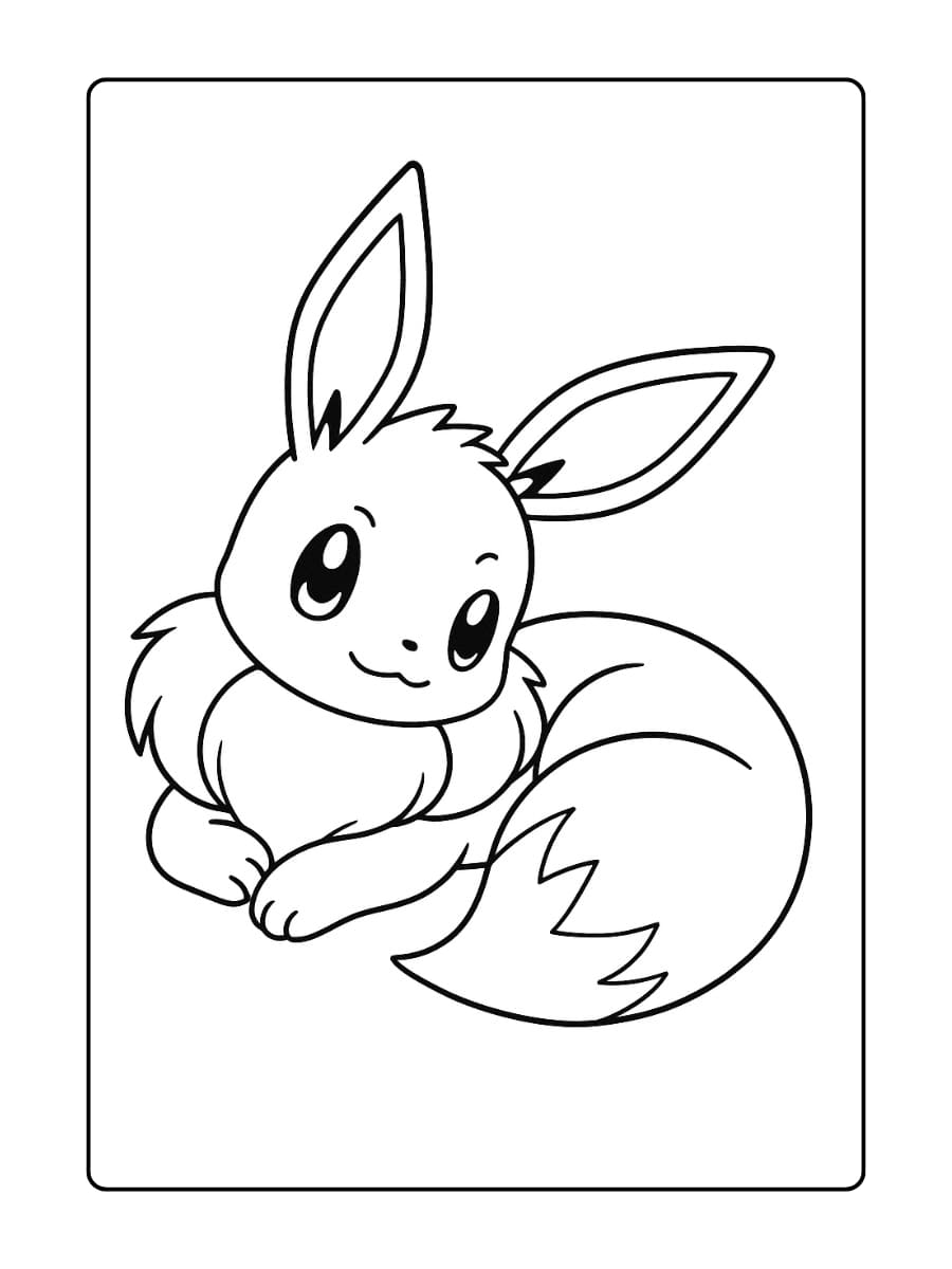 Eevee ligt op zijn zij met zijn staart om zich heen gekruld