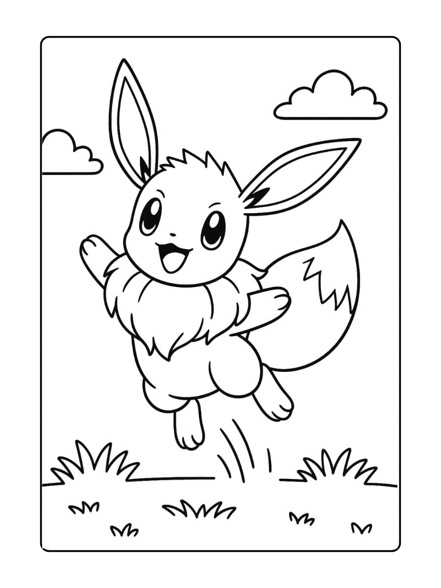 Eevee springt blij omhoog met zijn oren in de lucht